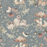 Papel de parede com padrão de floresta em tom de azul