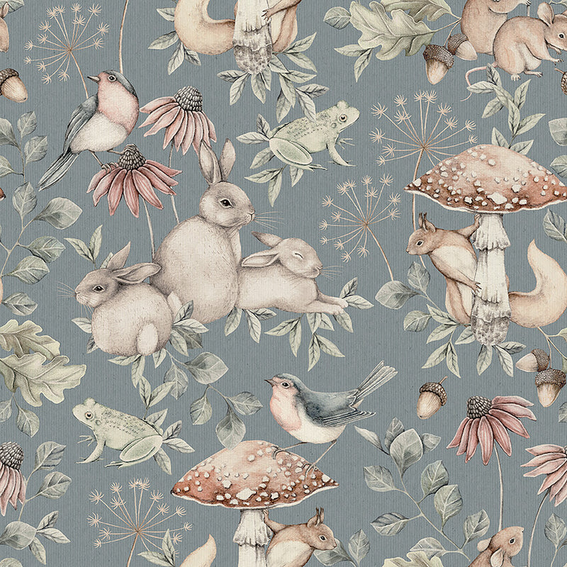 Papel de parede com padrão de floresta em tom de azul
