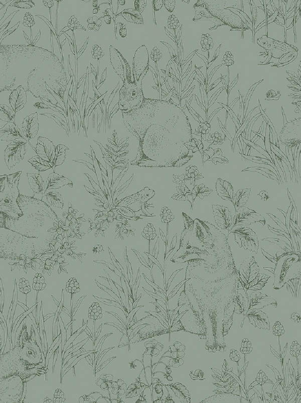 Papel de parede com padrão de animais de floresta em verde